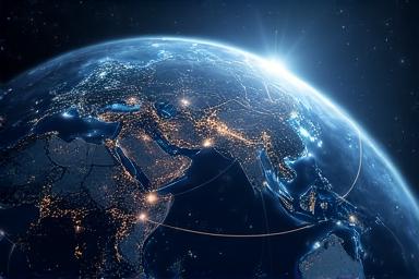 Global 3D map with glowing data points indicating regional performance