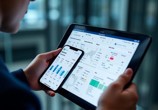 Multiple screens showing responsive data dashboards on tablet and phone