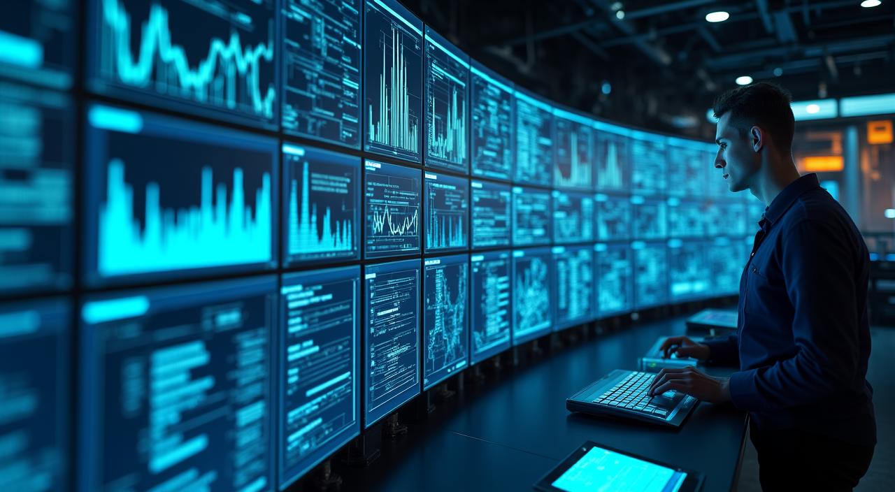 Futuristic digital interface showing real-time data streaming and AI-powered analytics visuals